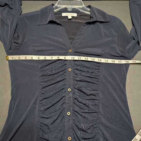 Ellen Tracy Navy Blue V-neckline Gathered Button Front 3/4 Sleeve Blouse Size S - Picture 6 of 7